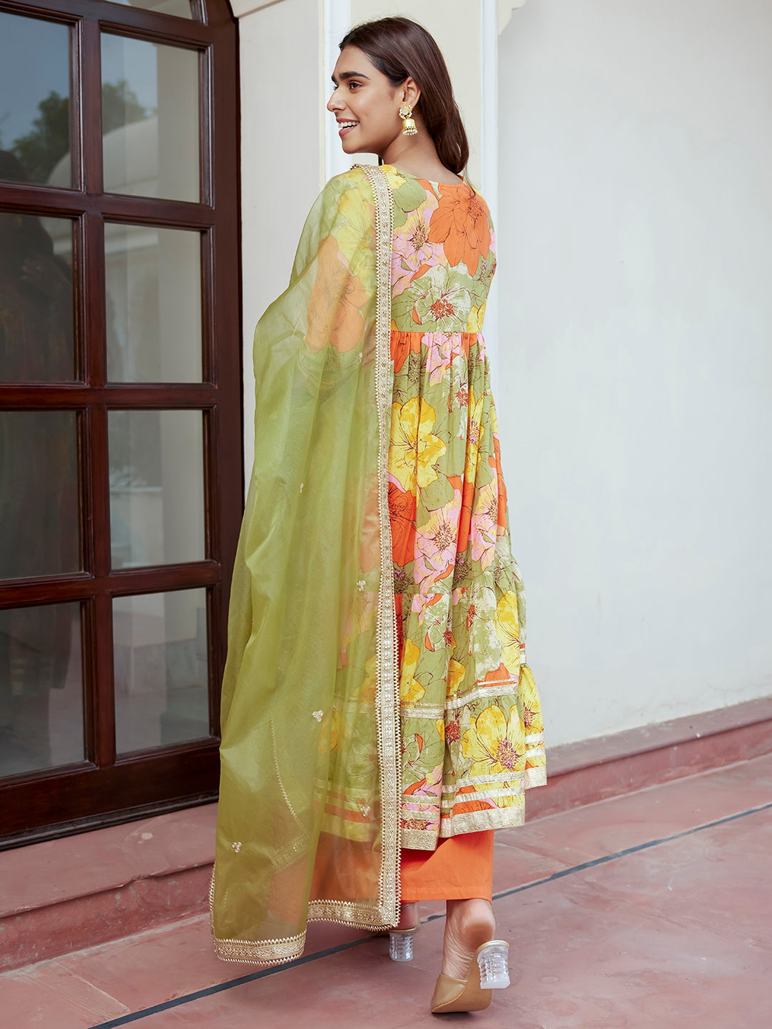Janasya Women's Multicolor Cotton Floral Printed Festive Flared Kurta Set | Swadesiicart