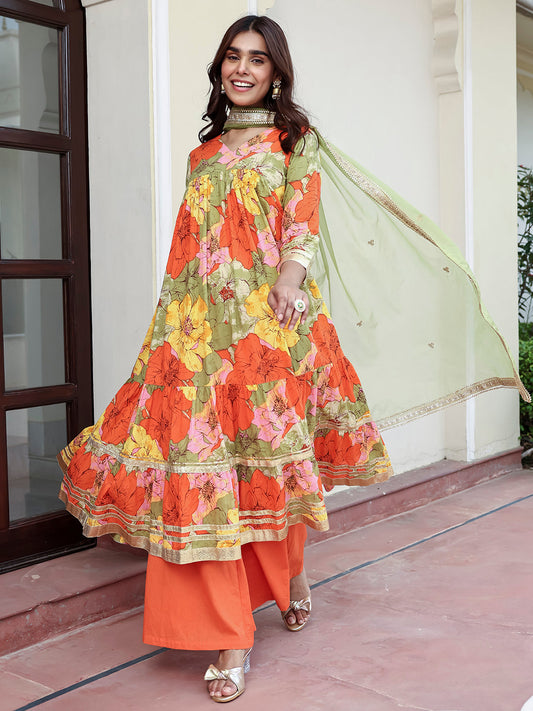 Janasya Women's Multicolor Cotton Floral Printed Festive Flared Kurta Set | Swadesiicart