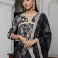Janasya Women's Black Cotton Embellished Festive Empire Kurta Set | Swadesiicart