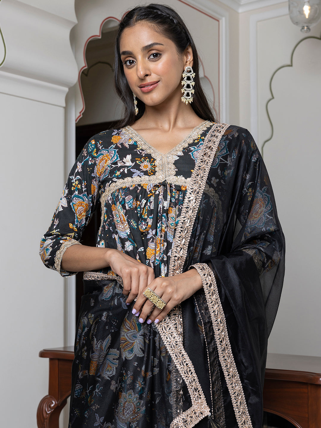 Janasya Women's Black Cotton Embellished Festive Empire Kurta Set | Swadesiicart