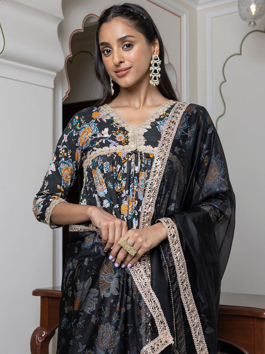 Janasya Women's Black Cotton Embellished Festive Empire Kurta Set | Swadesiicart
