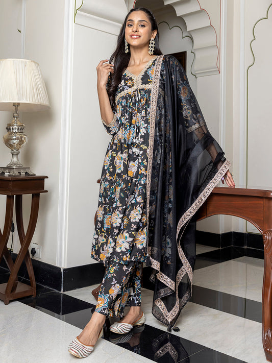 Janasya Women's Black Cotton Embellished Festive Empire Kurta Set | Swadesiicart