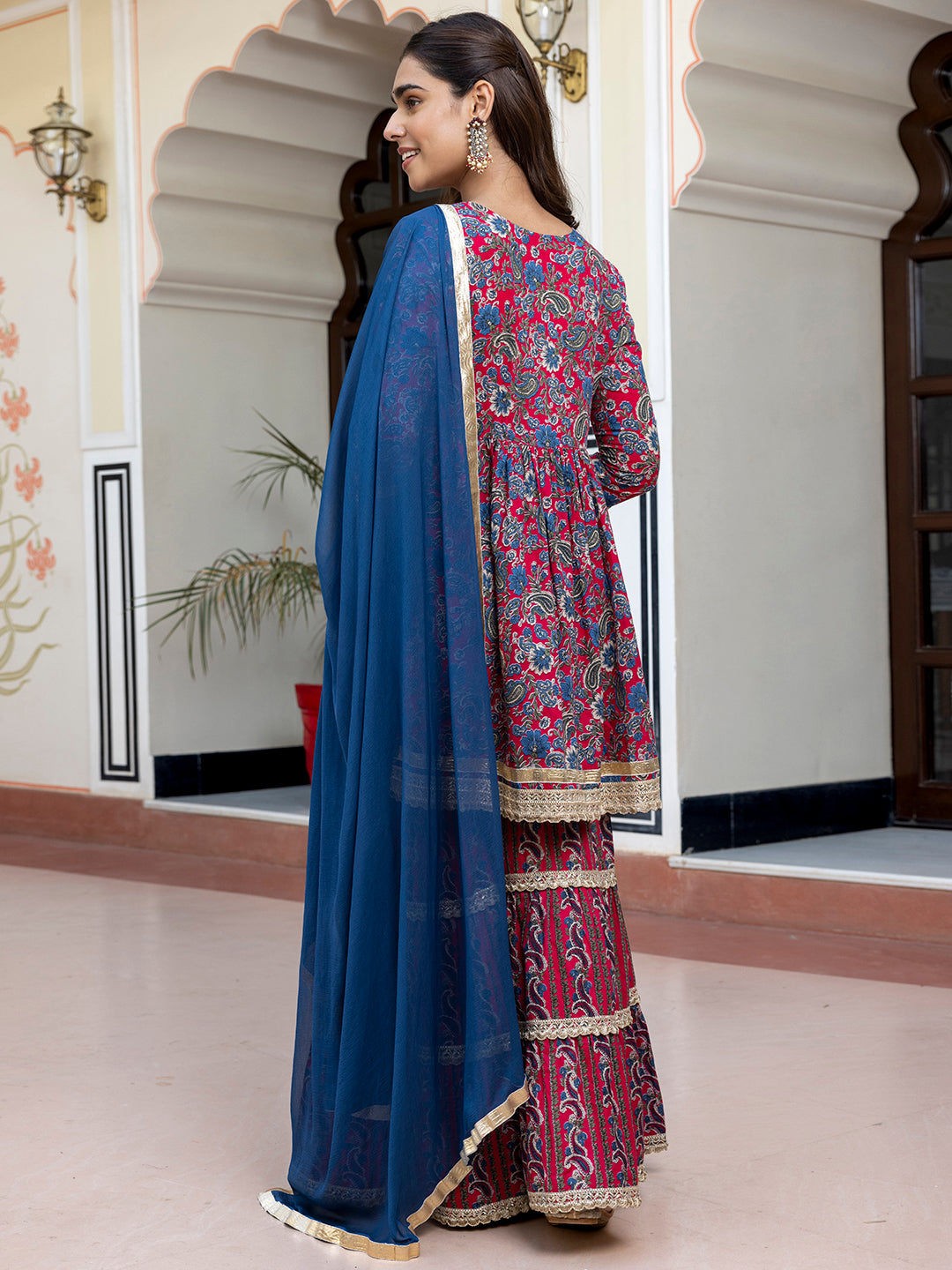 Janasya Women's Wine Cotton Ethnic Printed Festive Short Kurta Set | Swadesiicart