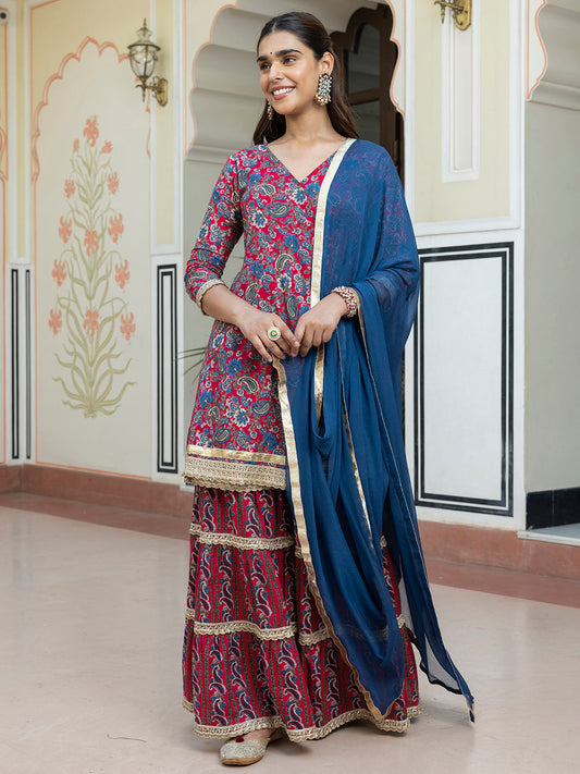 Janasya Women's Wine Cotton Ethnic Printed Festive Short Kurta Set | Swadesiicart