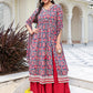 Janasya Women's Blue Cotton Floral Printed Festive Front Slit Kurta Set | Swadesiicart