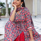 Janasya Women's Blue Cotton Floral Printed Festive Front Slit Kurta Set | Swadesiicart