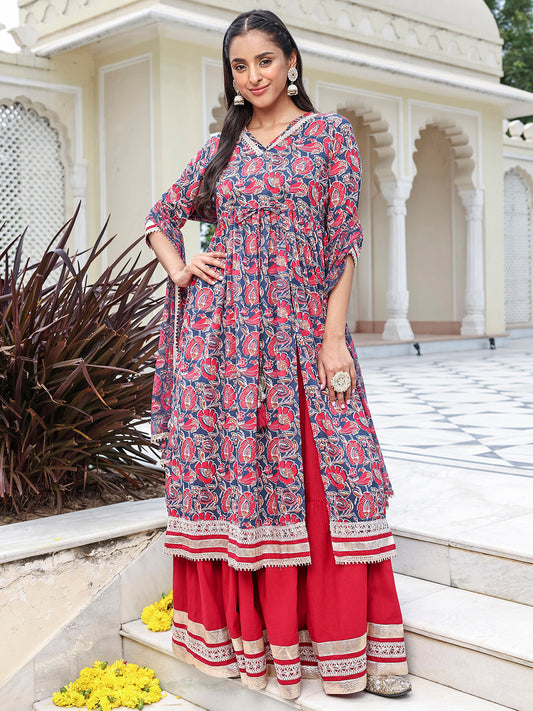 Janasya Women's Blue Cotton Floral Printed Festive Front Slit Kurta Set | Swadesiicart