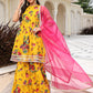 Janasya Women's Yellow Cotton Embellished Festive Flared Short Kurta Set | Swadesiicart