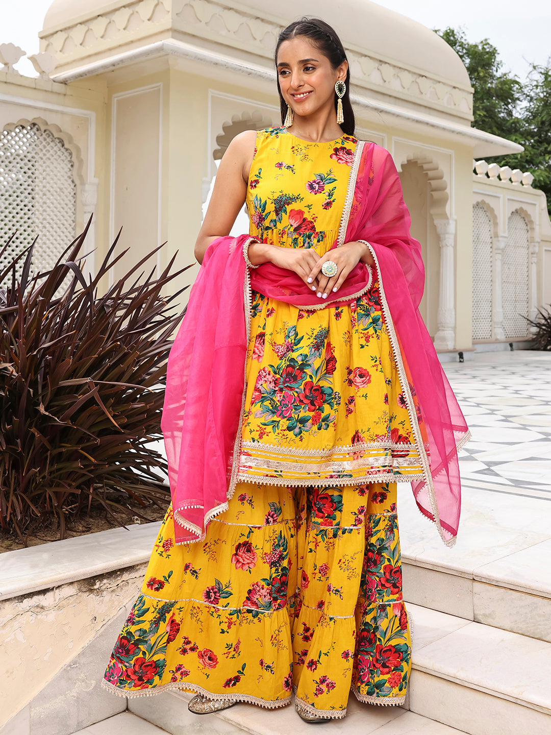 Janasya Women's Yellow Cotton Embellished Festive Flared Short Kurta Set | Swadesiicart