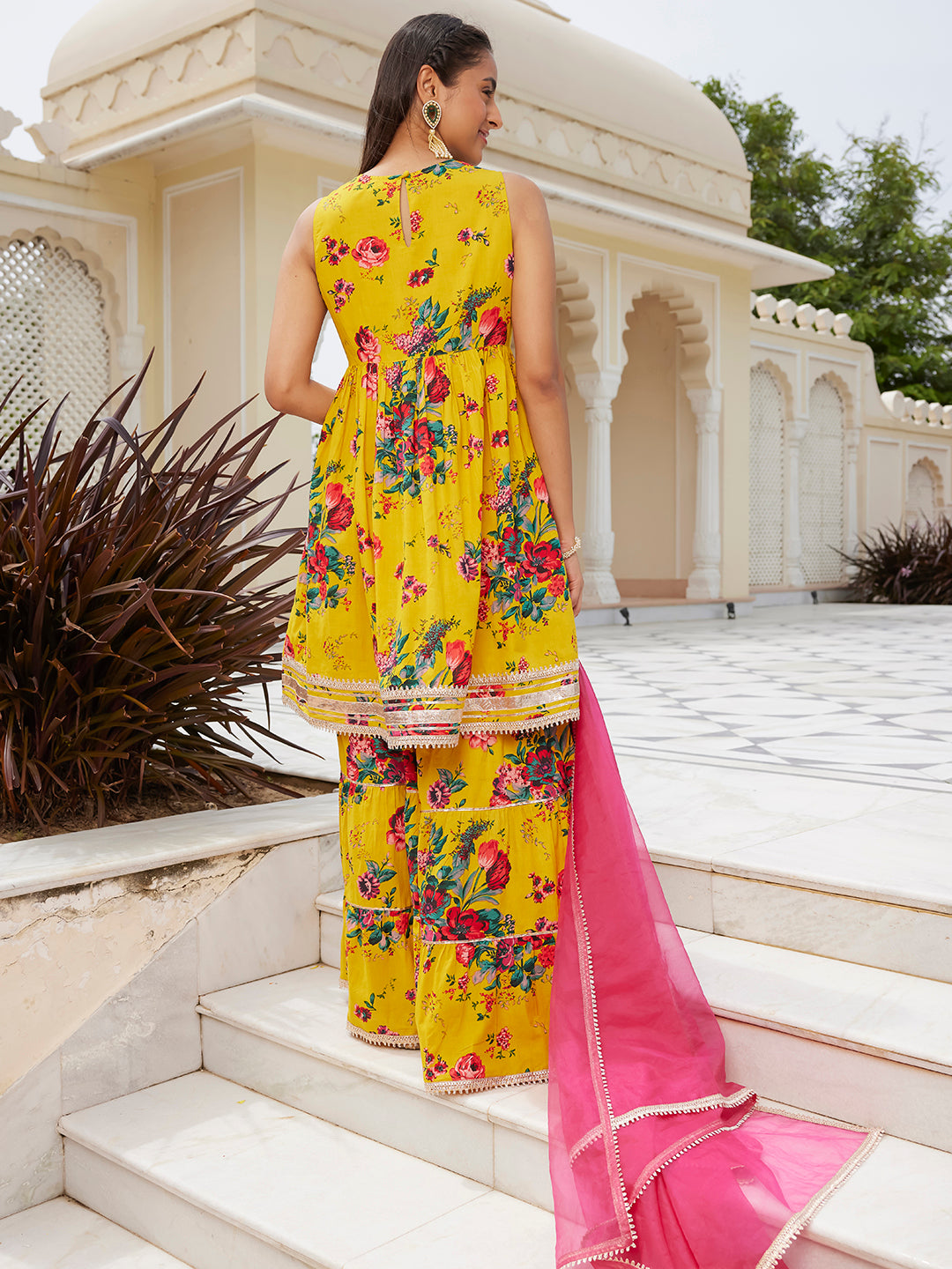 Janasya Women's Yellow Cotton Embellished Festive Flared Short Kurta Set | Swadesiicart