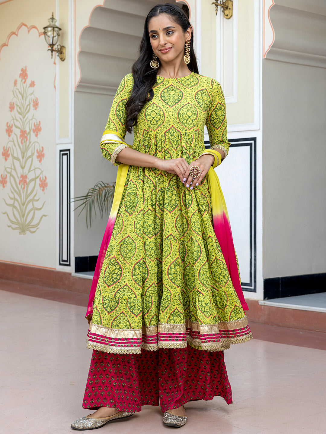 Janasya Women's Lime Green Cotton Embellished Floral Printed Festive Anarkali Kurta Set | Swadesiicart