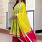 Janasya Women's Lime Green Cotton Embellished Floral Printed Festive Anarkali Kurta Set | Swadesiicart