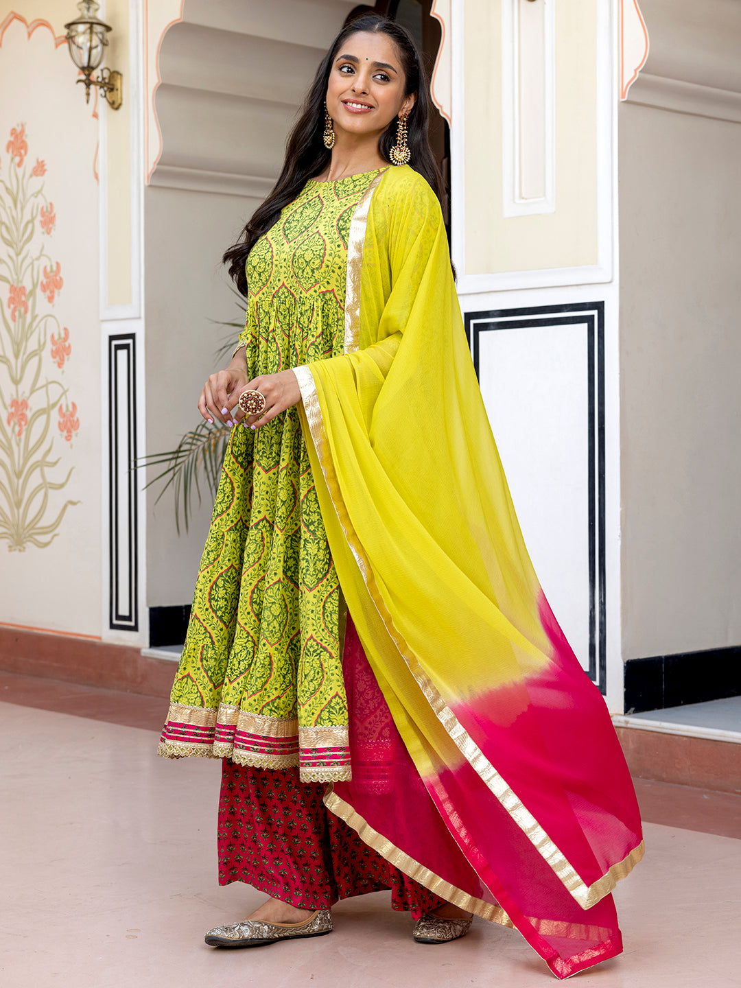 Janasya Women's Lime Green Cotton Embellished Floral Printed Festive Anarkali Kurta Set | Swadesiicart