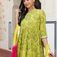 Janasya Women's Lime Green Cotton Embellished Floral Printed Festive Anarkali Kurta Set | Swadesiicart