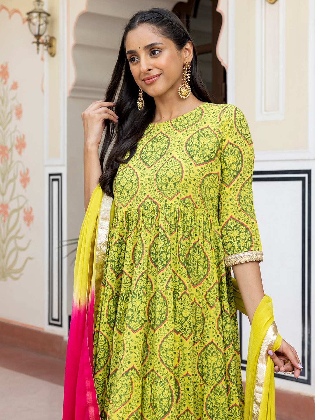 Janasya Women's Lime Green Cotton Embellished Floral Printed Festive Anarkali Kurta Set | Swadesiicart
