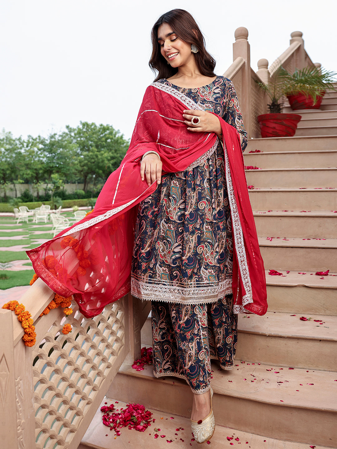 Janasya Women's Navy Blue Cotton Ethnic Printed Festive Flared Kurta Set | Swadesiicart
