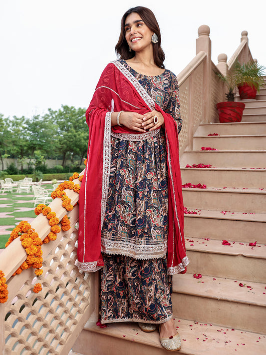 Janasya Women's Navy Blue Cotton Ethnic Printed Festive Flared Kurta Set | Swadesiicart