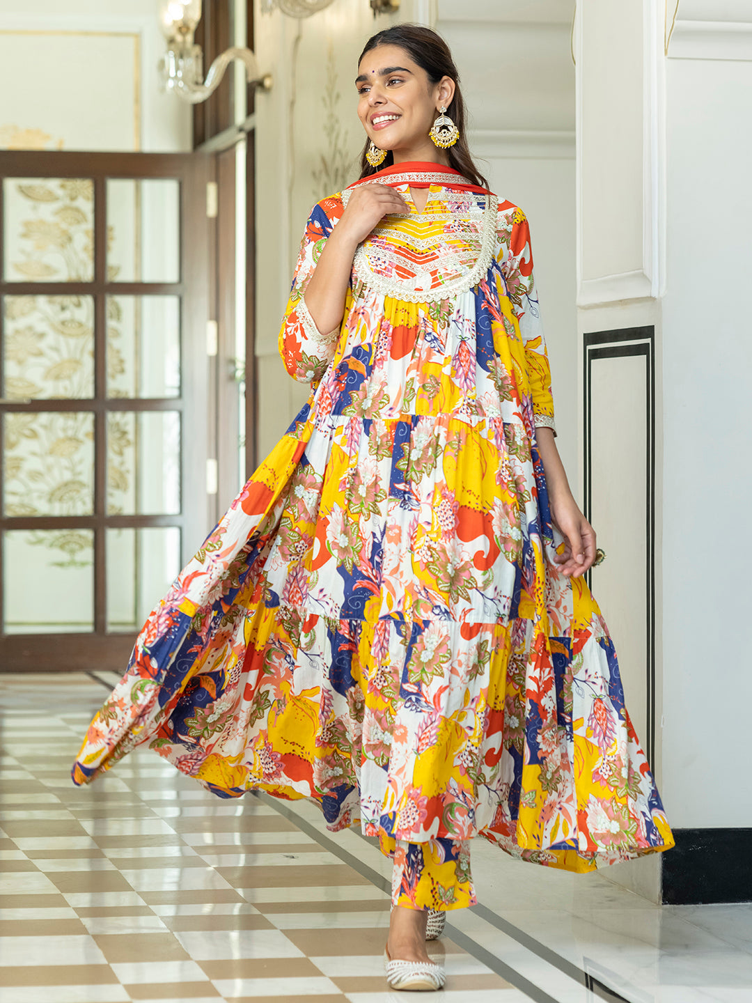 Janasya Women's Multicolor Cotton Embellished Floral Printed Festive Anarkali Kurta Set | Swadesiicart