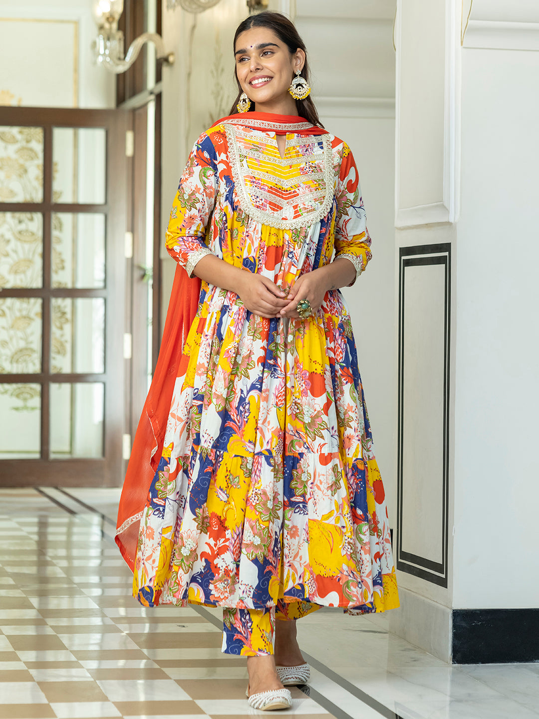 Janasya Women's Multicolor Cotton Embellished Floral Printed Festive Anarkali Kurta Set | Swadesiicart