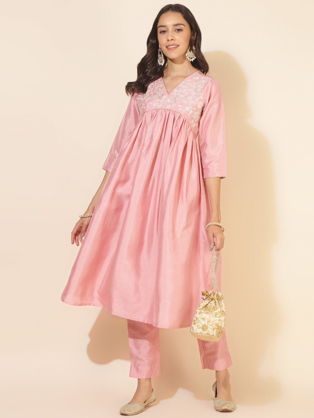Janasya Pink Crepe Silk Yoke Embroidery Set | Swadesiicart