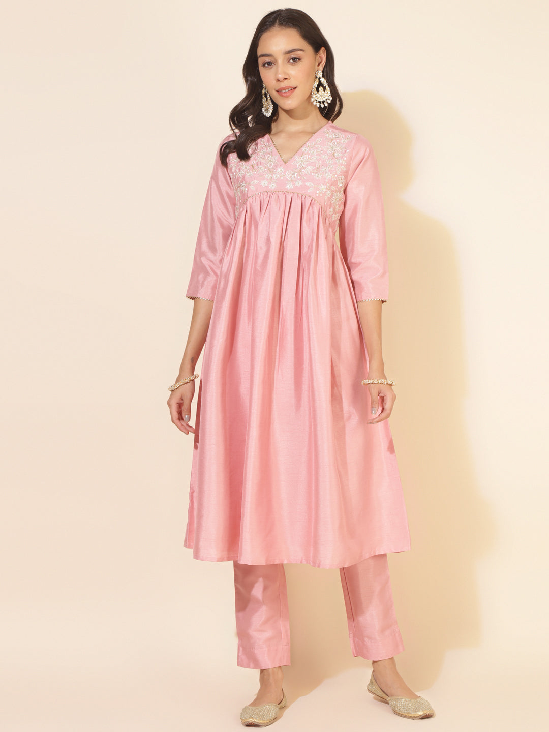Janasya Pink Crepe Silk Yoke Embroidery Set | Swadesiicart
