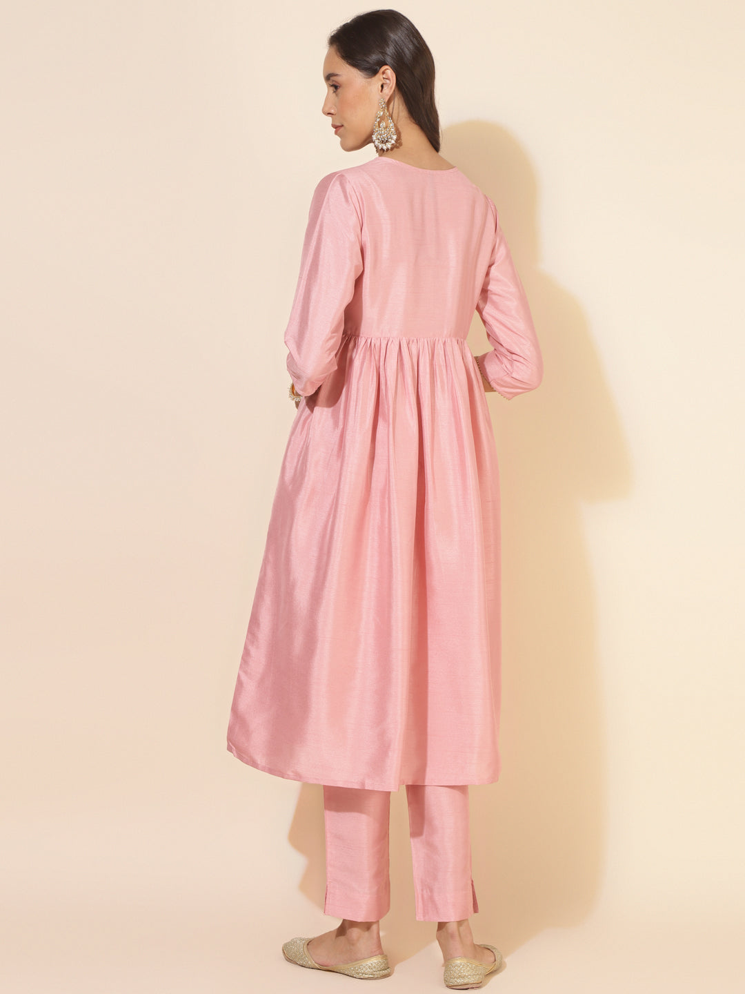 Janasya Pink Crepe Silk Yoke Embroidery Set | Swadesiicart