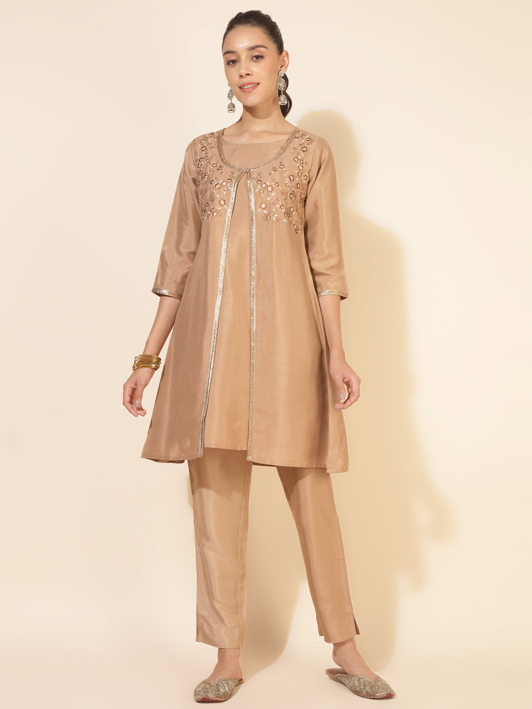 Janasya Beige Crepe Silk Embellished Set | Swadesiicart