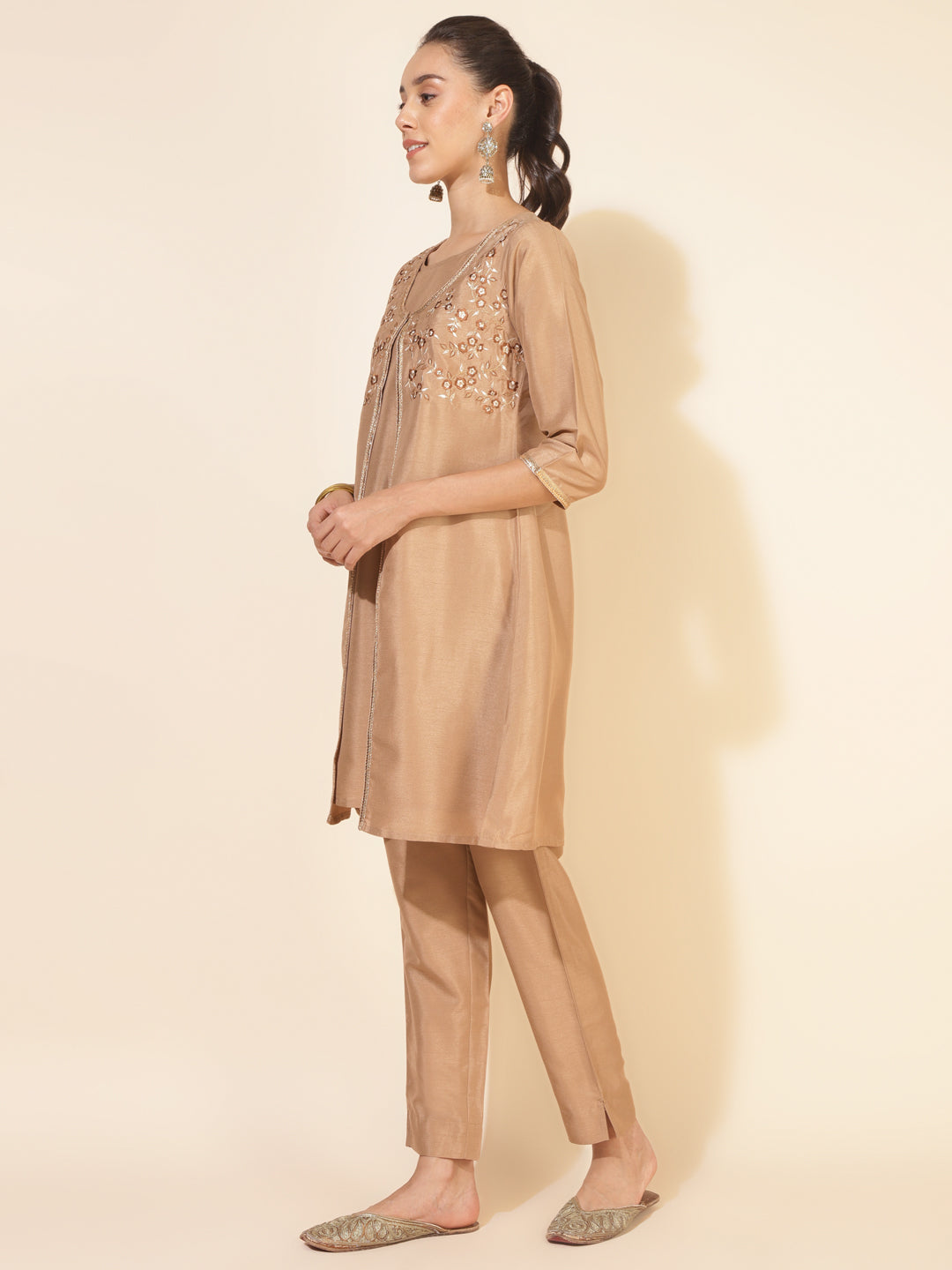 Janasya Beige Crepe Silk Embellished Set | Swadesiicart