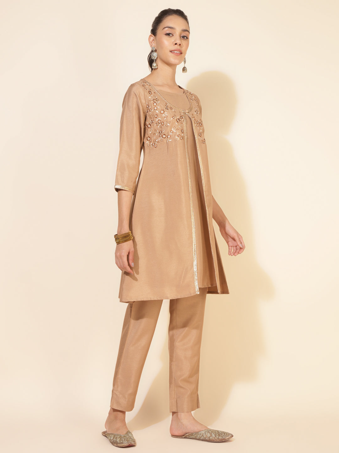 Janasya Beige Crepe Silk Embellished Set | Swadesiicart