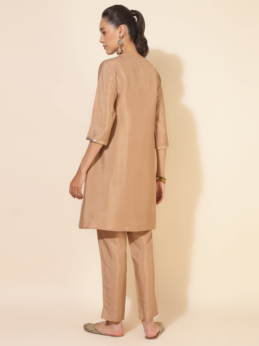 Janasya Beige Crepe Silk Embellished Set | Swadesiicart