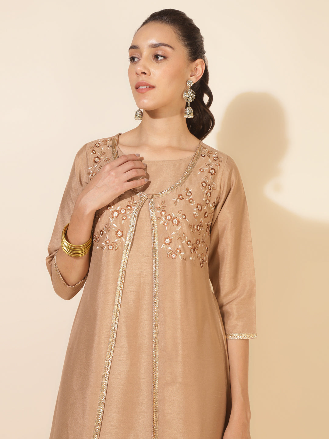 Janasya Beige Crepe Silk Embellished Set | Swadesiicart