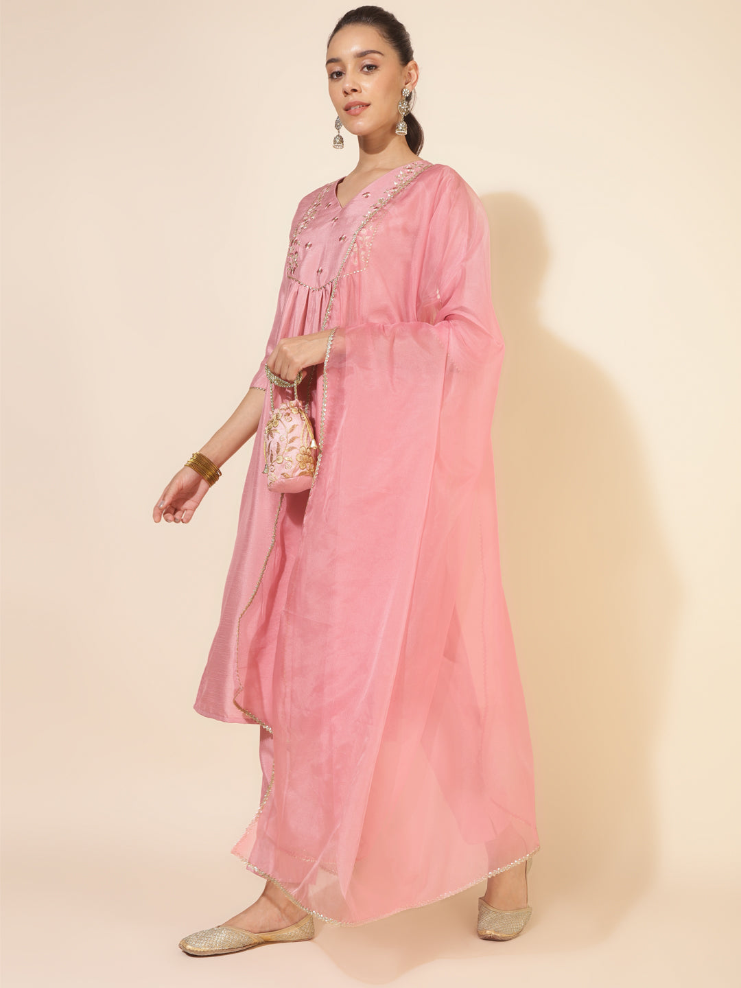 Janasya Pink Crepe Silk Yoke Embroidery Set | Swadesiicart