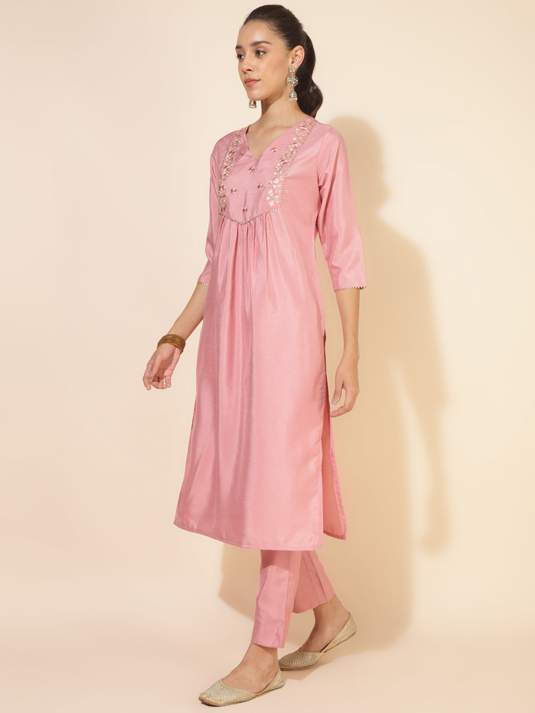 Janasya Pink Crepe Silk Yoke Embroidery Set | Swadesiicart