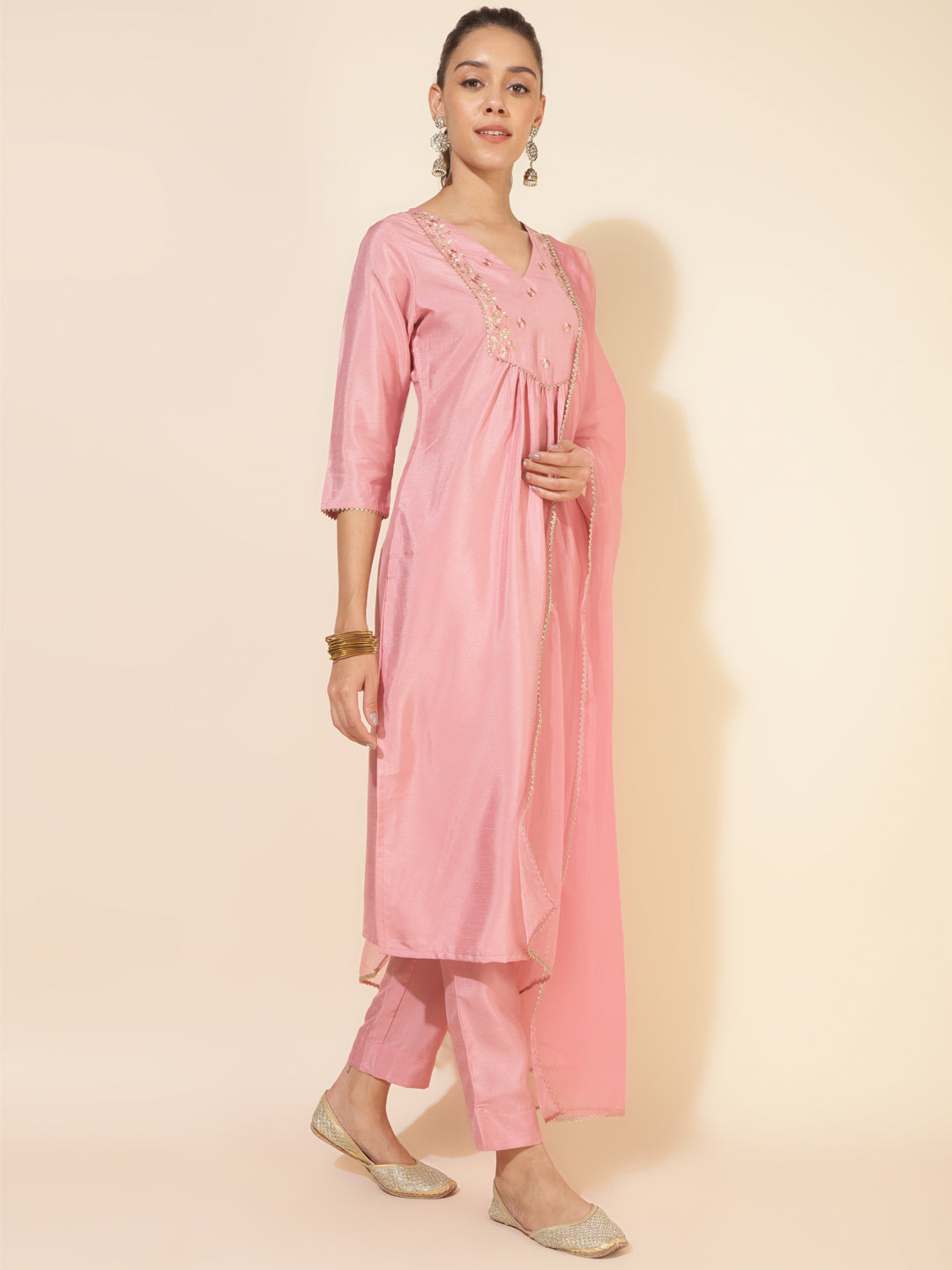 Janasya Pink Crepe Silk Yoke Embroidery Set | Swadesiicart