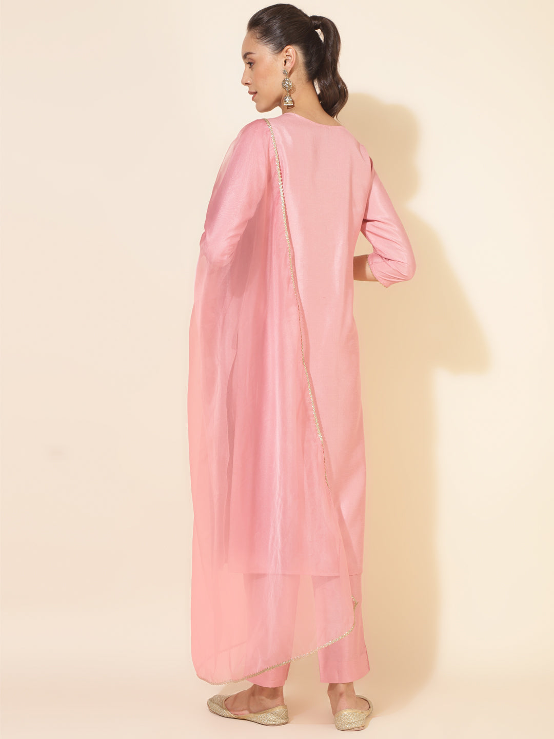 Janasya Pink Crepe Silk Yoke Embroidery Set | Swadesiicart
