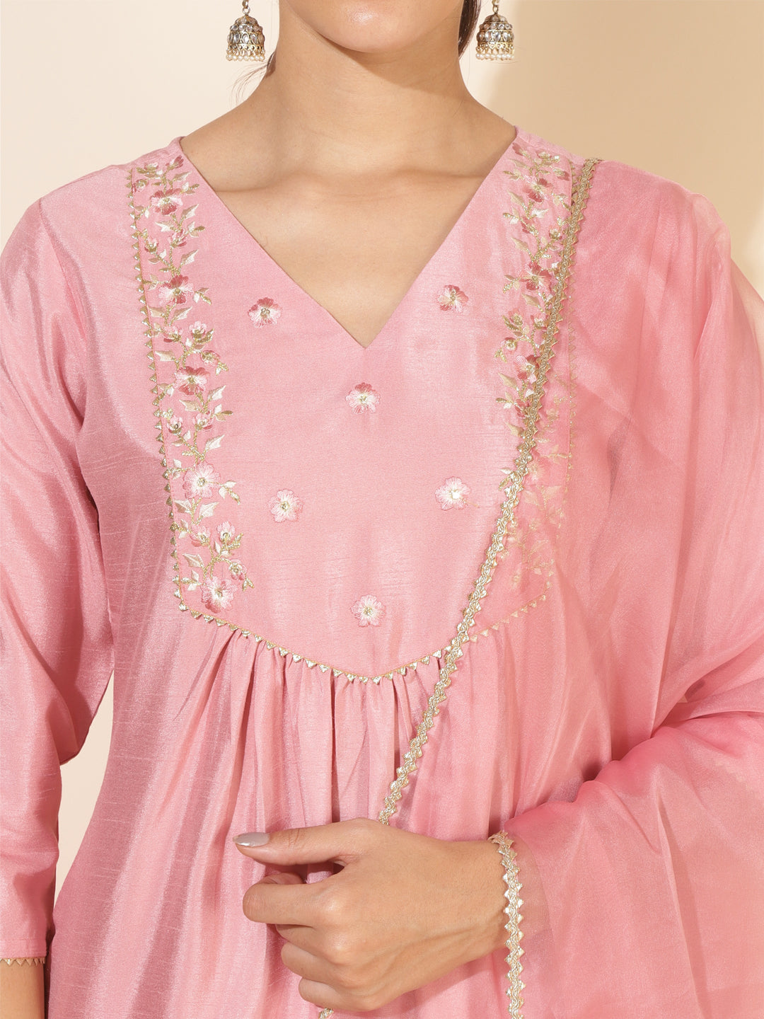 Janasya Pink Crepe Silk Yoke Embroidery Set | Swadesiicart