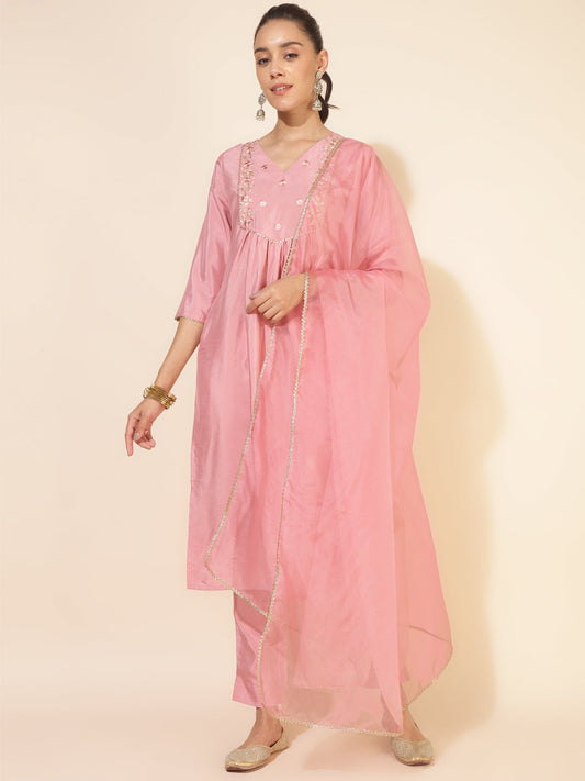 Janasya Pink Crepe Silk Yoke Embroidery Set | Swadesiicart
