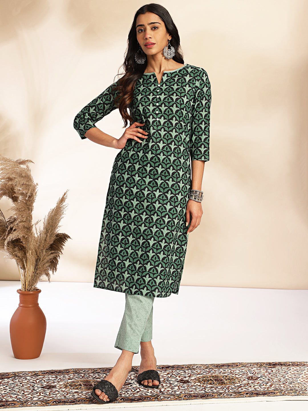 Janasya Green Cotton Printed Sets | Swadesiicart