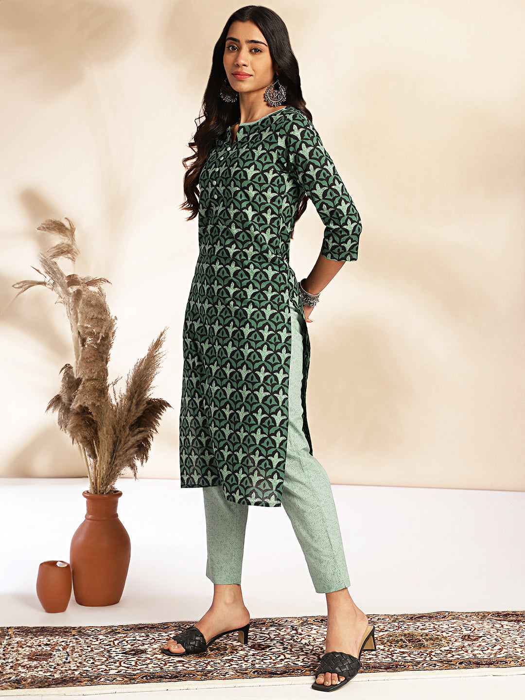 Janasya Green Cotton Printed Sets | Swadesiicart