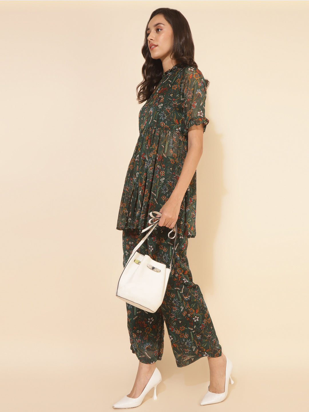 Janasya Green Chiffon Lurex Floral Printed Co-ords - Swadesiicart