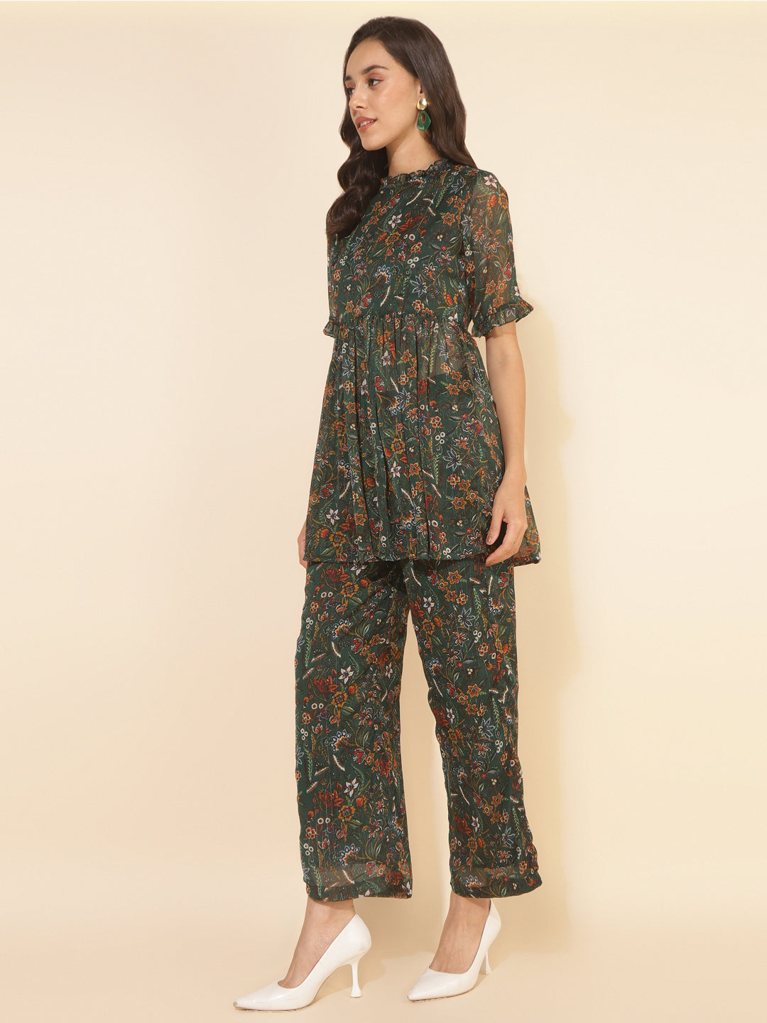 Janasya Green Chiffon Lurex Floral Printed Co-ords - Swadesiicart