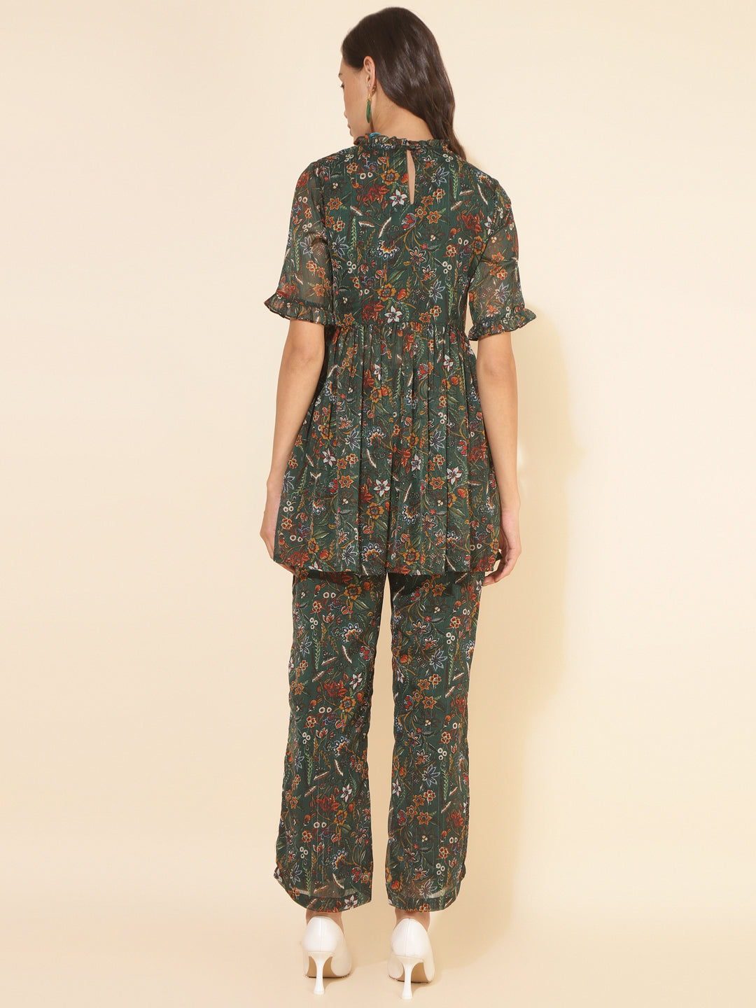 Janasya Green Chiffon Lurex Floral Printed Co-ords - Swadesiicart