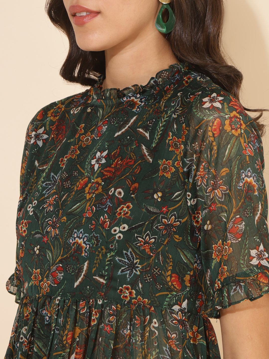 Janasya Green Chiffon Lurex Floral Printed Co-ords - Swadesiicart