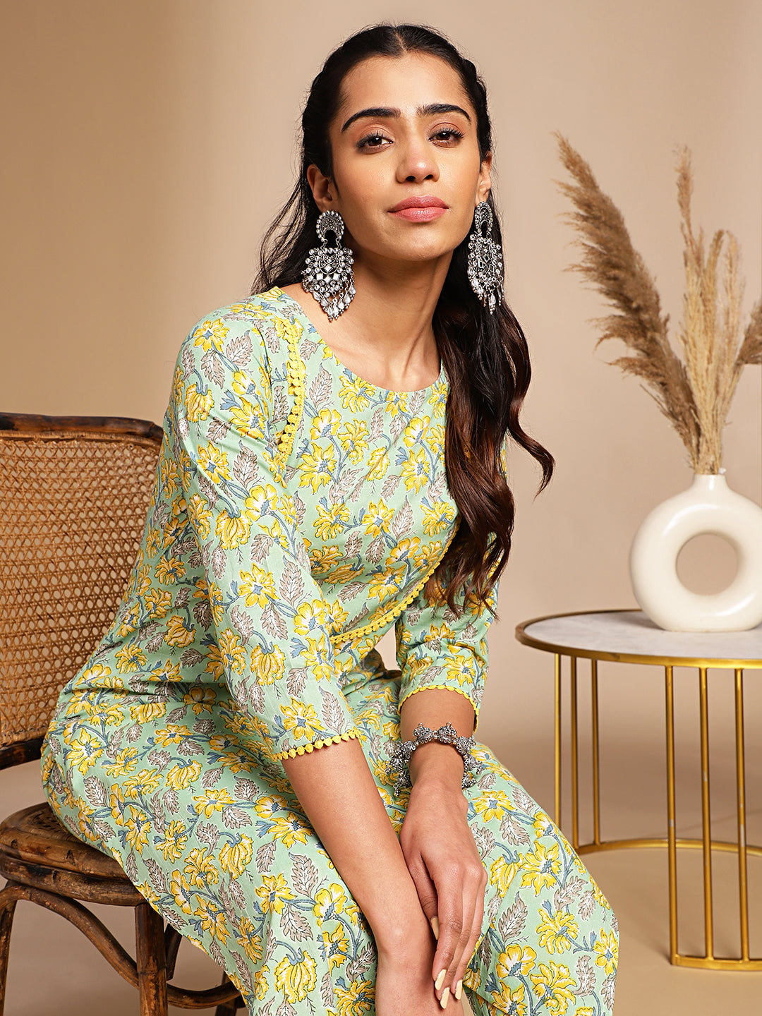 Janasya Light Green Cotton Floral Straight Co-ord Set - Swadesiicart