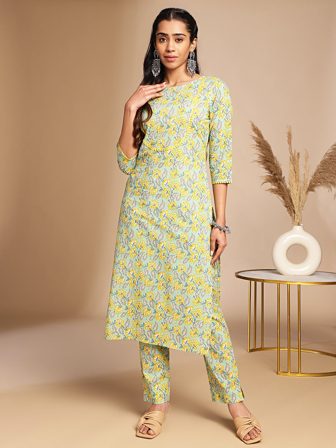 Janasya Light Green Cotton Floral Straight Co-ord Set - Swadesiicart