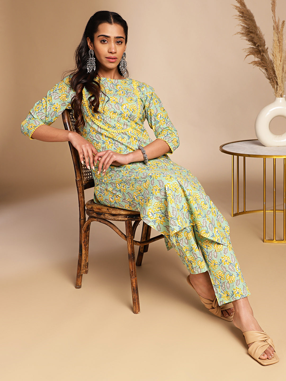 Janasya Light Green Cotton Floral Straight Co-ord Set - Swadesiicart