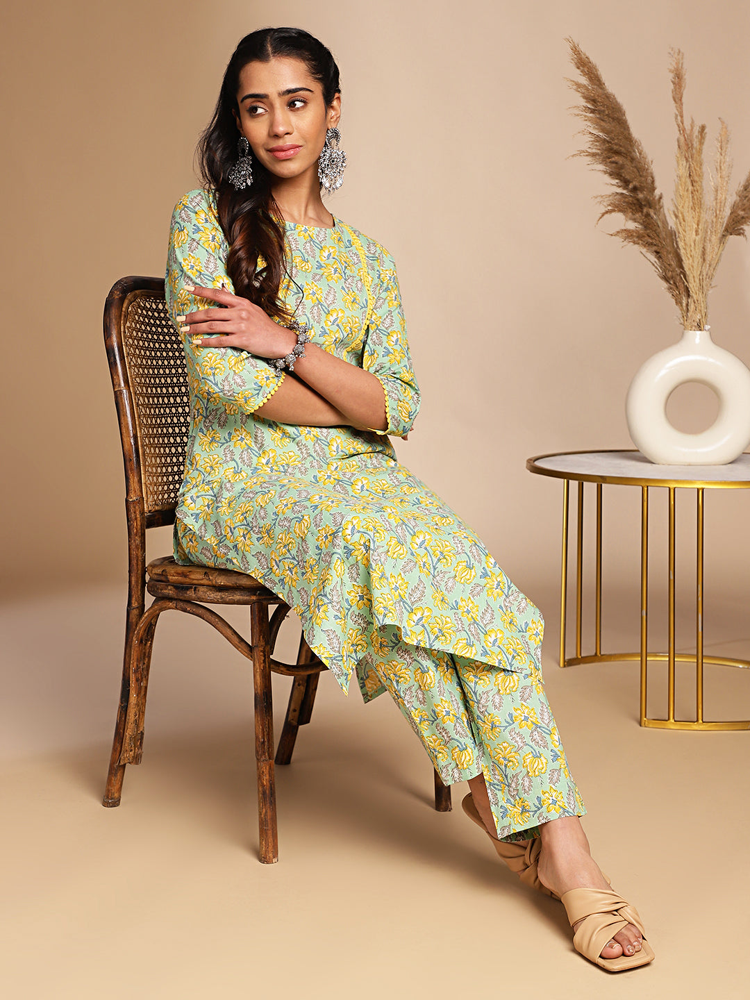 Janasya Light Green Cotton Floral Straight Co-ord Set - Swadesiicart