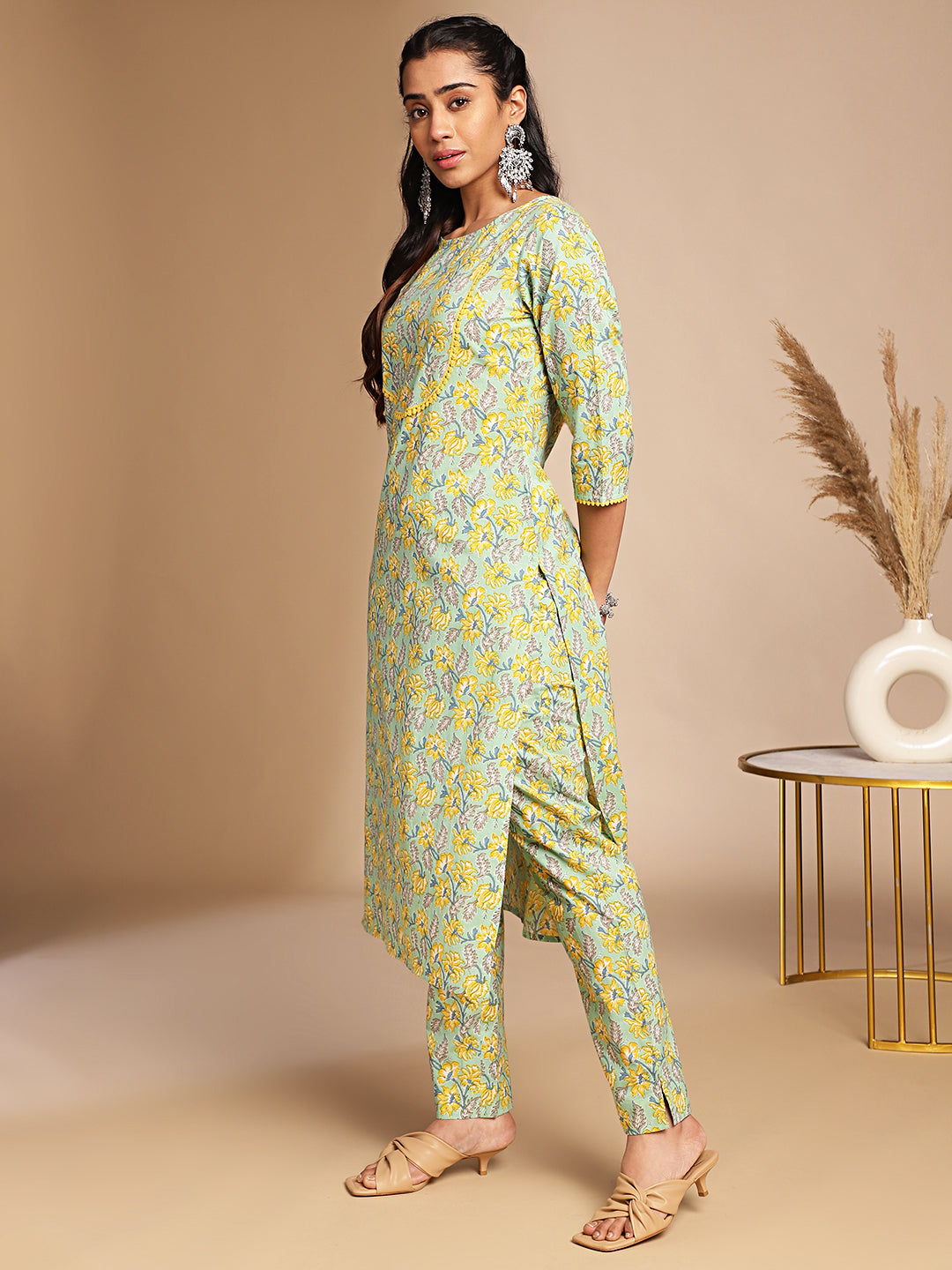 Janasya Light Green Cotton Floral Straight Co-ord Set - Swadesiicart