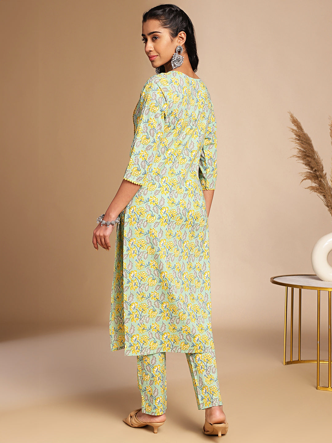 Janasya Light Green Cotton Floral Straight Co-ord Set - Swadesiicart
