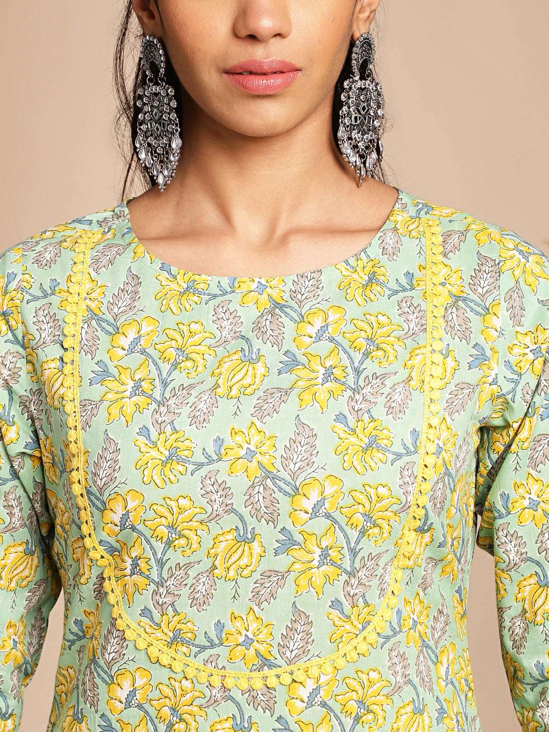 Janasya Light Green Cotton Floral Straight Co-ord Set - Swadesiicart